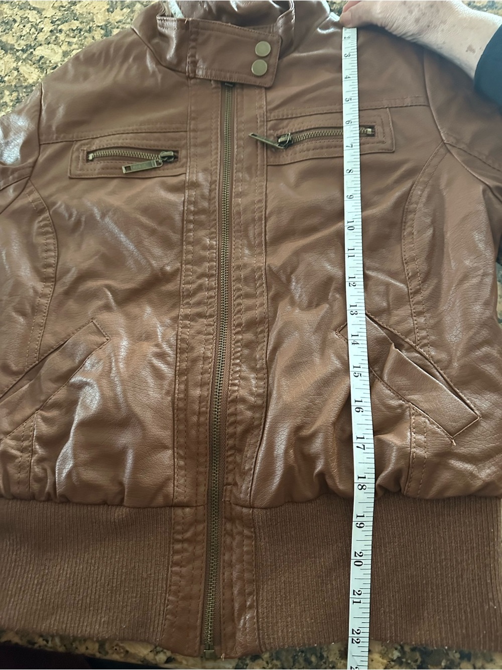 Women’s Brown Faux Leather Hooded Jacket with Sherpa Lining - Picture 7 of 7
